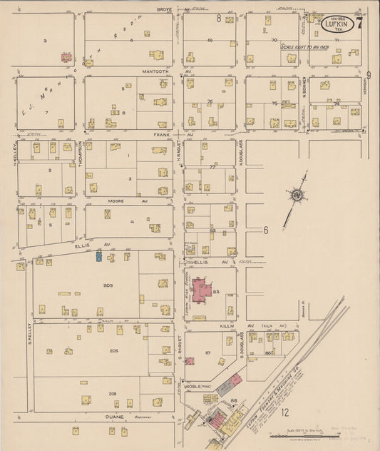 Sanborn Fire Insurance Map from Lufkin, Angelina County, Texas (1922), Sheet #0007 - Historic Sanborn Fire Insurance Map Print, vintage old map wall art, antique decor, genealogy gift, Texas Texas map