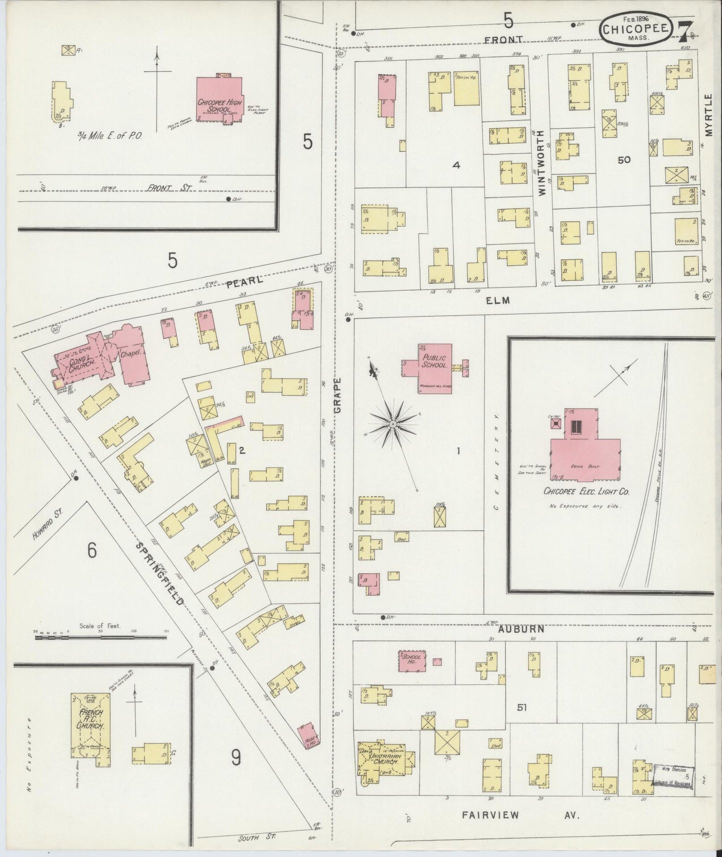 Sanborn Fire Insurance Map from Chicopee, Hampden County, Massachusetts (1896), Sheet #0007 - Historic Sanborn Fire Insurance Map Print, vintage old map wall art, antique decor, genealogy gift, Massachusetts Massachusetts map