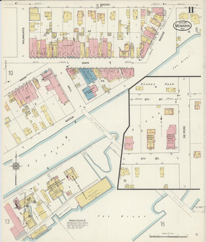 Sanborn Fire Insurance Map from Menasha, Winnebago County, Wisconsin (1913), Sheet #0011 - Historic Sanborn Fire Insurance Map Print, vintage old map wall art, antique decor, genealogy gift, Wisconsin Wisconsin map