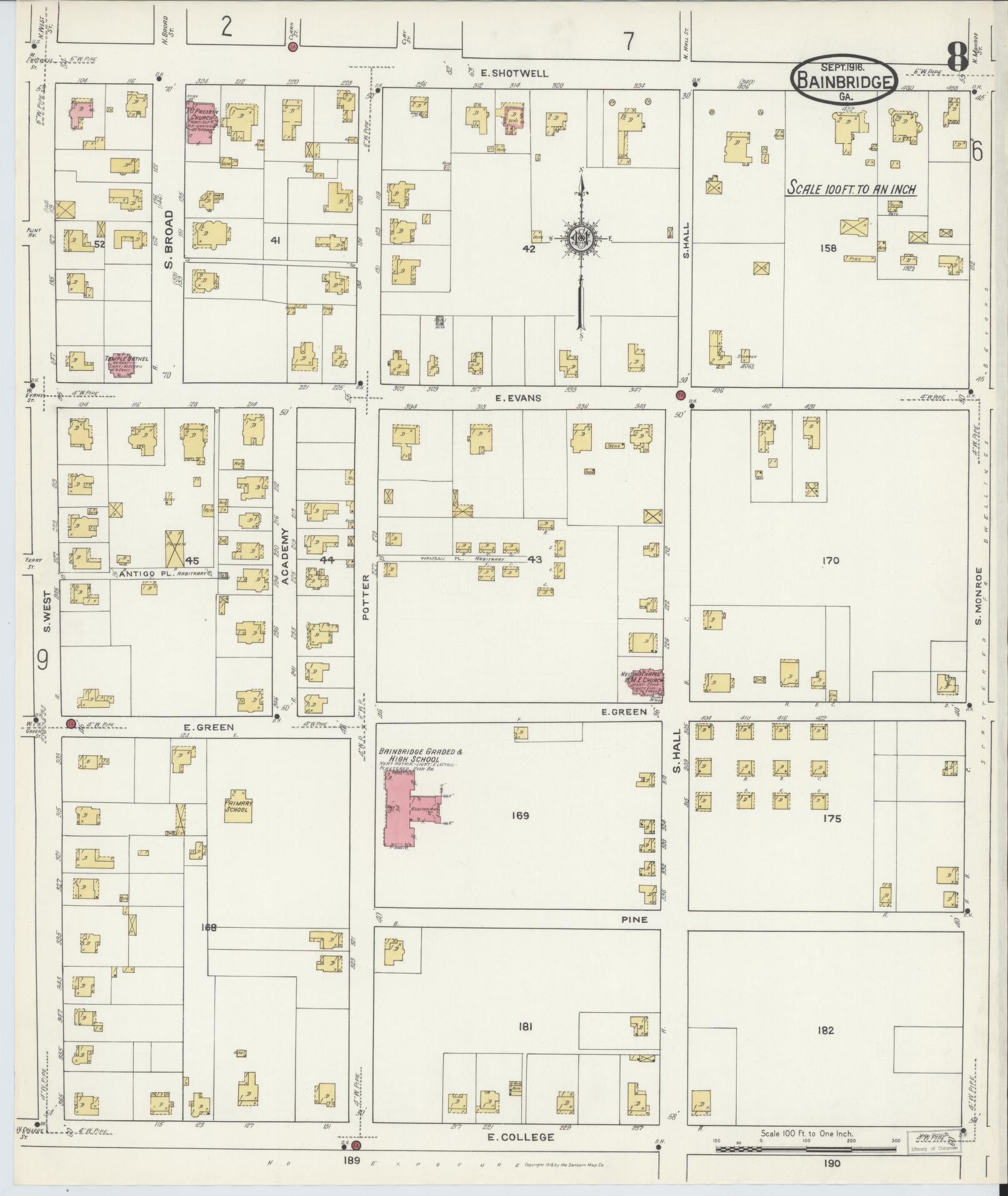 Sanborn Fire Insurance Map from Bainbridge, Decatur County, Georgia (1916), Sheet #0008 - Complete Map Set gallery image, historic Sanborn map, vintage wall art, Georgia Georgia