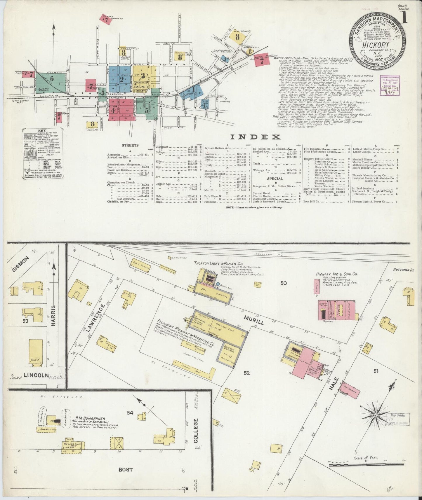 Sanborn Fire Insurance Map from Hickory, Catawba County, North Carolina (1907), Sheet #0001 - Historic Sanborn Fire Insurance Map Print, vintage old map wall art, antique decor, genealogy gift, North Carolina North Carolina map