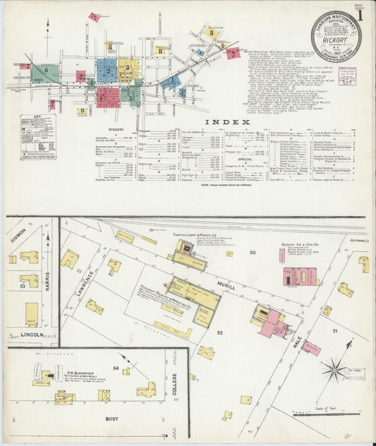 Sanborn Fire Insurance Map from Hickory, Catawba County, North Carolina (1907), Sheet #0001 - Historic Sanborn Fire Insurance Map Print, vintage old map wall art, antique decor, genealogy gift, North Carolina North Carolina map