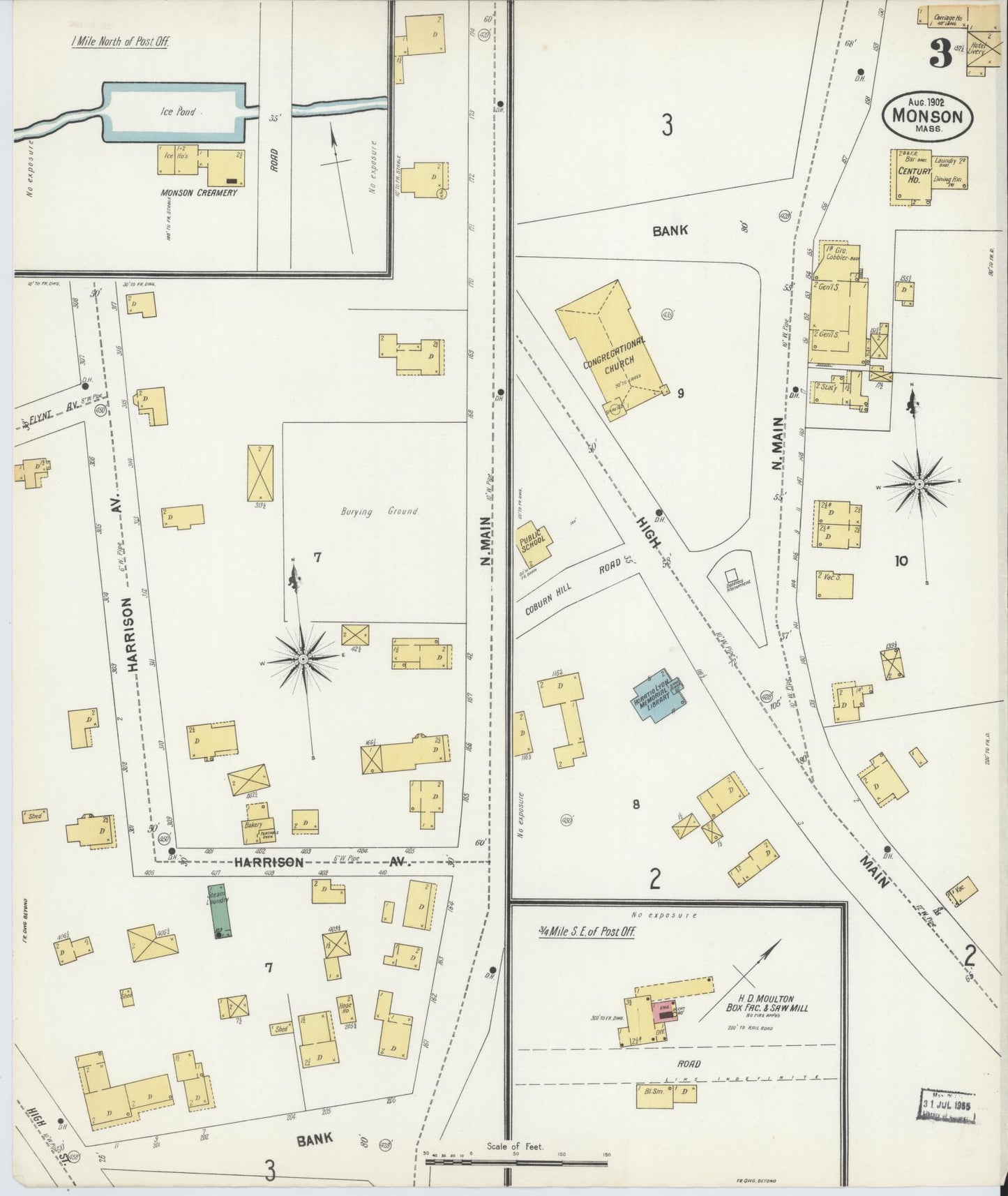 Sanborn Fire Insurance Map from Monson, Hampden County, Massachusetts (1902), Sheet #0003 - Complete Map Set gallery image, historic Sanborn map, vintage wall art, Massachusetts Massachusetts
