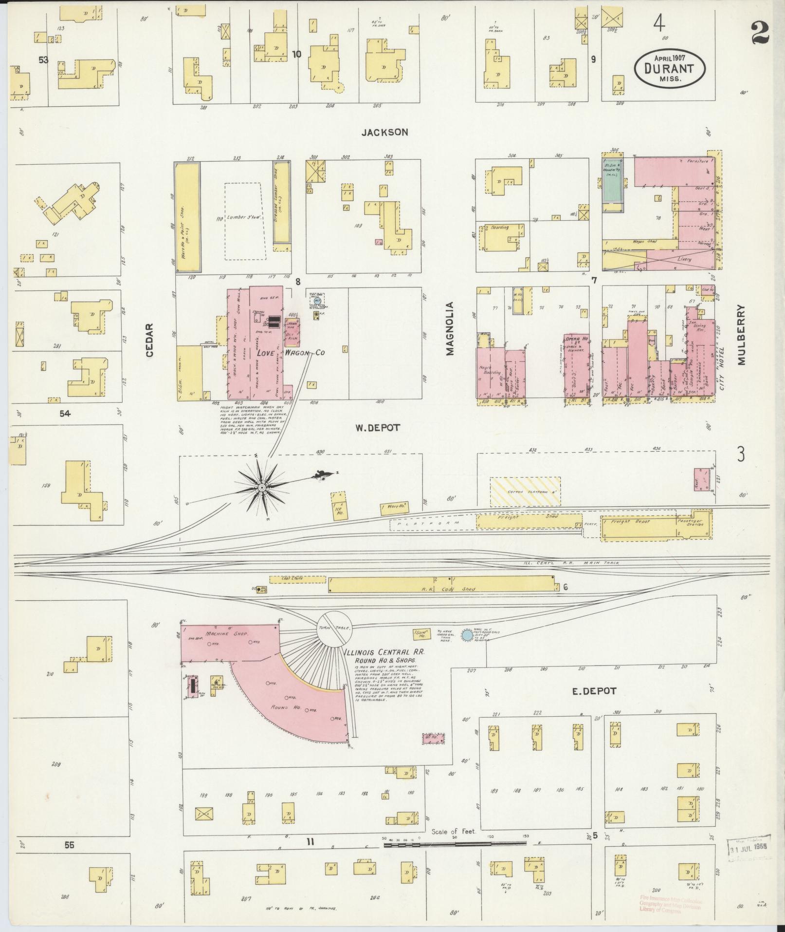 Sanborn Fire Insurance Map from Durant, Holmes County, Mississippi (1907), Sheet #0002 - Complete Map Set gallery image, historic Sanborn map, vintage wall art, Mississippi Mississippi