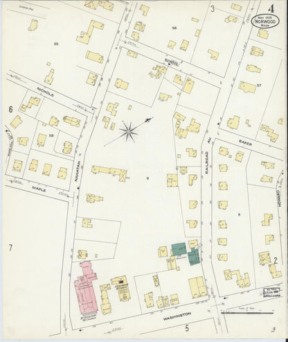 Sanborn Fire Insurance Map from Norwood, Norfolk County, Massachusetts (1909), Sheet #0004 - Historic Sanborn Fire Insurance Map Print, vintage old map wall art, antique decor, genealogy gift, Massachusetts Massachusetts map