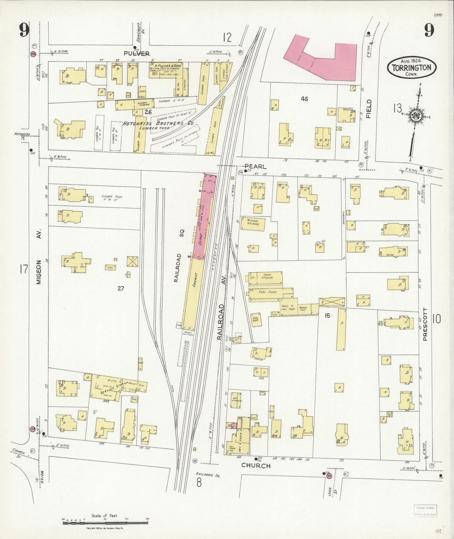 Sanborn Fire Insurance Map from Torrington, Litchfield County, Connecticut (1924), Sheet #0009 - Complete Map Set gallery image, historic Sanborn map, vintage wall art, Connecticut Connecticut