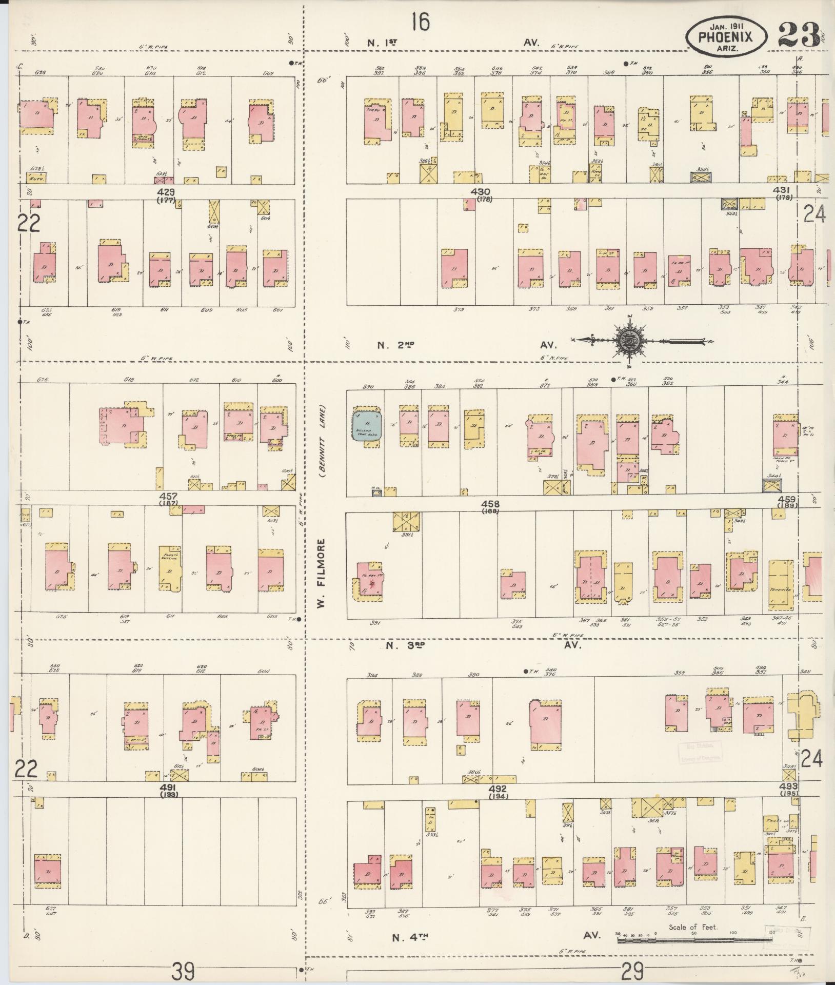 Sanborn Fire Insurance Map from Phoenix, Maricopa County, Arizona (1911), Sheet #0023 - Historic Sanborn Fire Insurance Map Print, vintage old map wall art, antique decor, genealogy gift, Arizona Arizona map