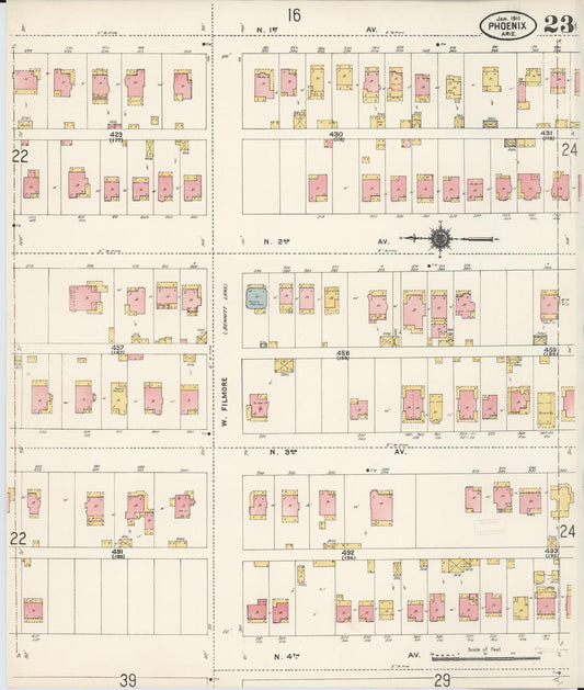Sanborn Fire Insurance Map from Phoenix, Maricopa County, Arizona (1911), Sheet #0023 - Historic Sanborn Fire Insurance Map Print, vintage old map wall art, antique decor, genealogy gift, Arizona Arizona map