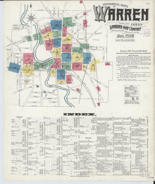 Sanborn Fire Insurance Map from Warren, Trumbull County, Ohio (1908), Sheet #0001 - Historic Sanborn Fire Insurance Map Print, vintage old map wall art, antique decor, genealogy gift, Ohio Ohio map