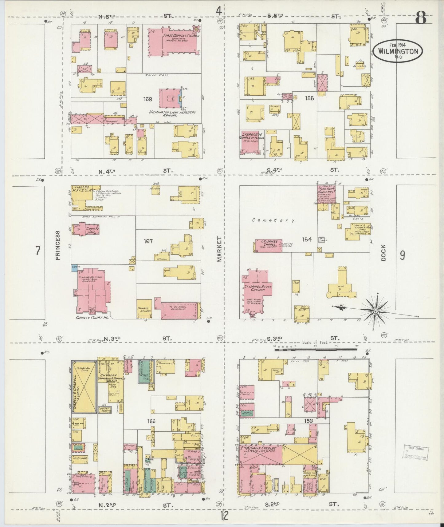 Sanborn Fire Insurance Map from Wilmington, New Hanover County, North Carolina (1904), Sheet #0008 - Complete Map Set gallery image, historic Sanborn map, vintage wall art, North Carolina North Carolina
