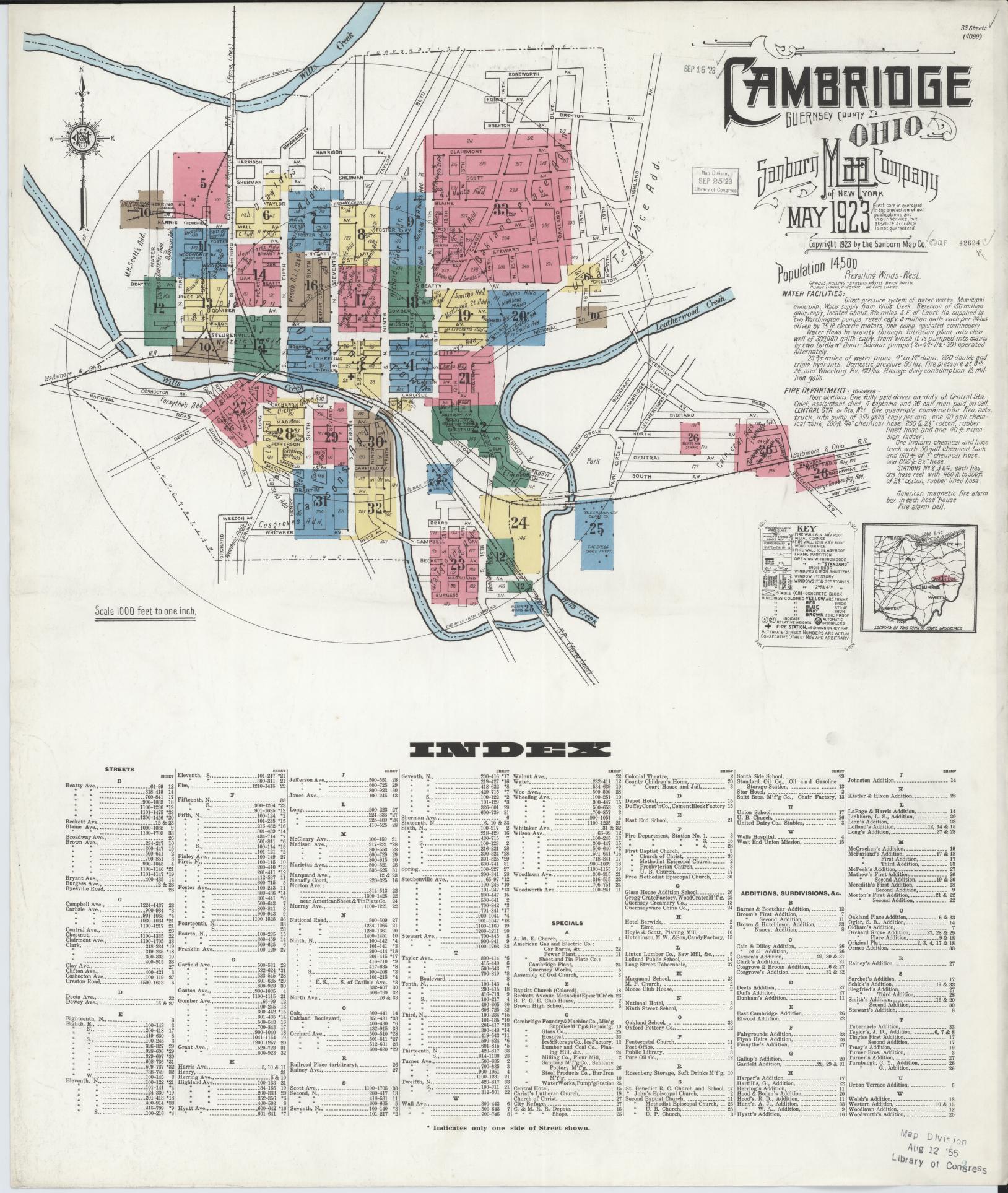 Sanborn Fire Insurance Map from Cambridge, Guernsey County, Ohio (1923), Sheet #0001 - Complete Map Set gallery image, historic Sanborn map, vintage wall art, Ohio Ohio