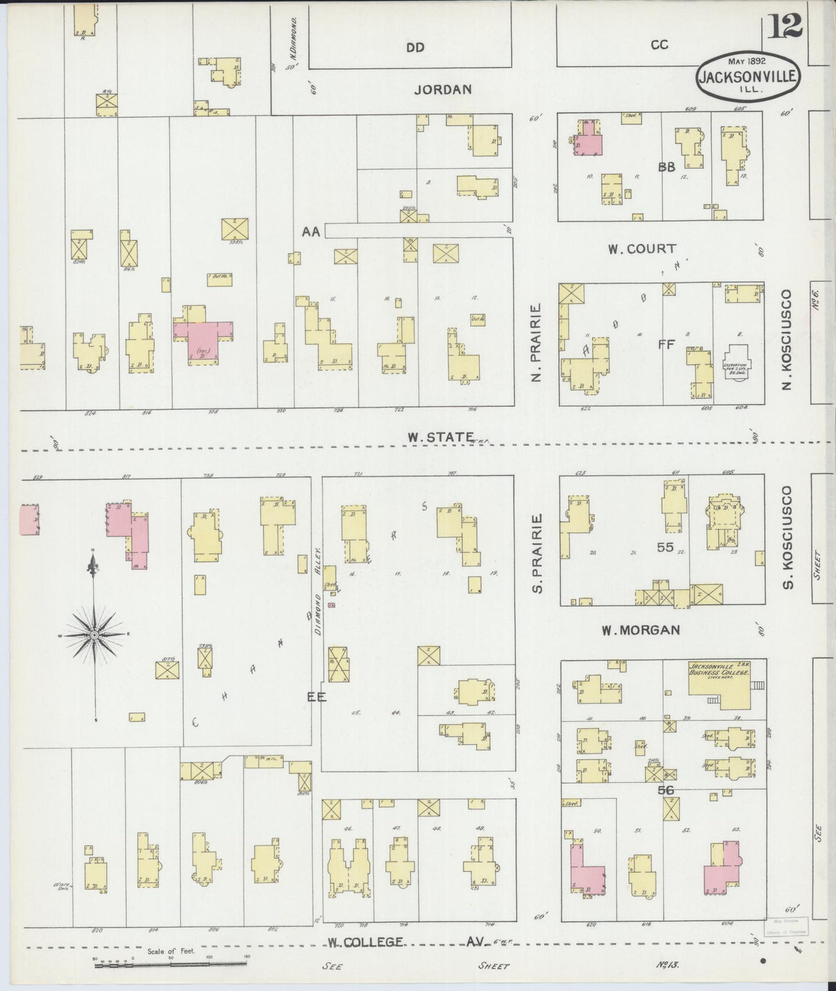 Sanborn Fire Insurance Map from Jacksonville, Morgan County, Illinois (1892), Sheet #0012 - Complete Map Set gallery image, historic Sanborn map, vintage wall art, Illinois Illinois