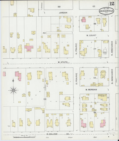 Sanborn Fire Insurance Map from Jacksonville, Morgan County, Illinois (1892), Sheet #0012 - Complete Map Set gallery image, historic Sanborn map, vintage wall art, Illinois Illinois