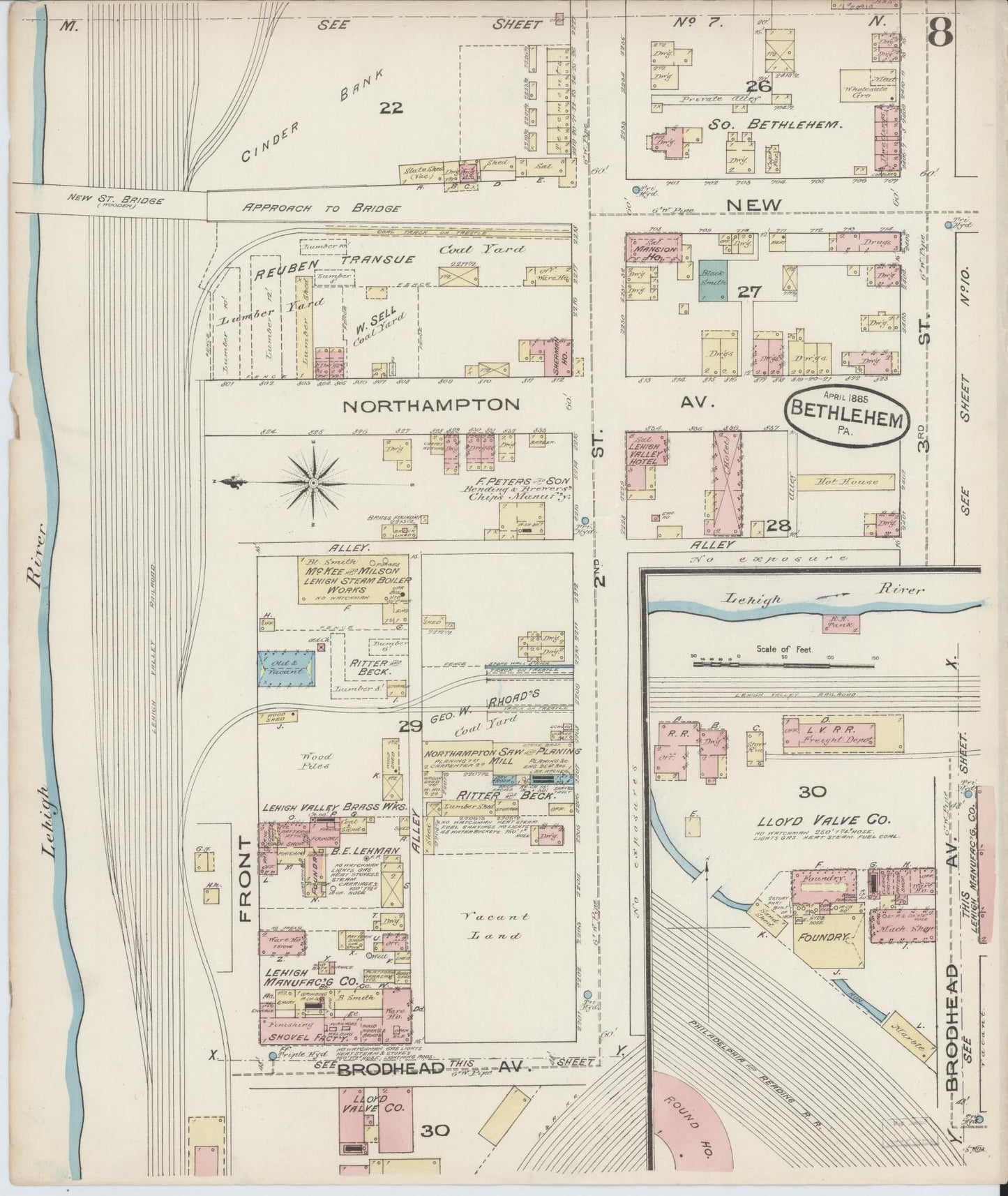 Sanborn Fire Insurance Map from Bethlehem, Northampton And Lehigh Counties, Pennsylvania (1885), Sheet #0008 - Historic Sanborn Fire Insurance Map Print, vintage old map wall art, antique decor, genealogy gift, Pennsylvania Pennsylvania map