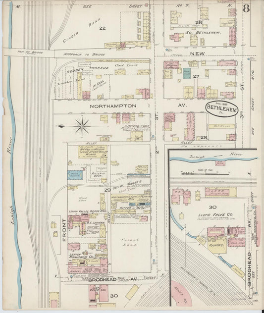 Sanborn Fire Insurance Map from Bethlehem, Northampton And Lehigh Counties, Pennsylvania (1885), Sheet #0008 - Historic Sanborn Fire Insurance Map Print, vintage old map wall art, antique decor, genealogy gift, Pennsylvania Pennsylvania map