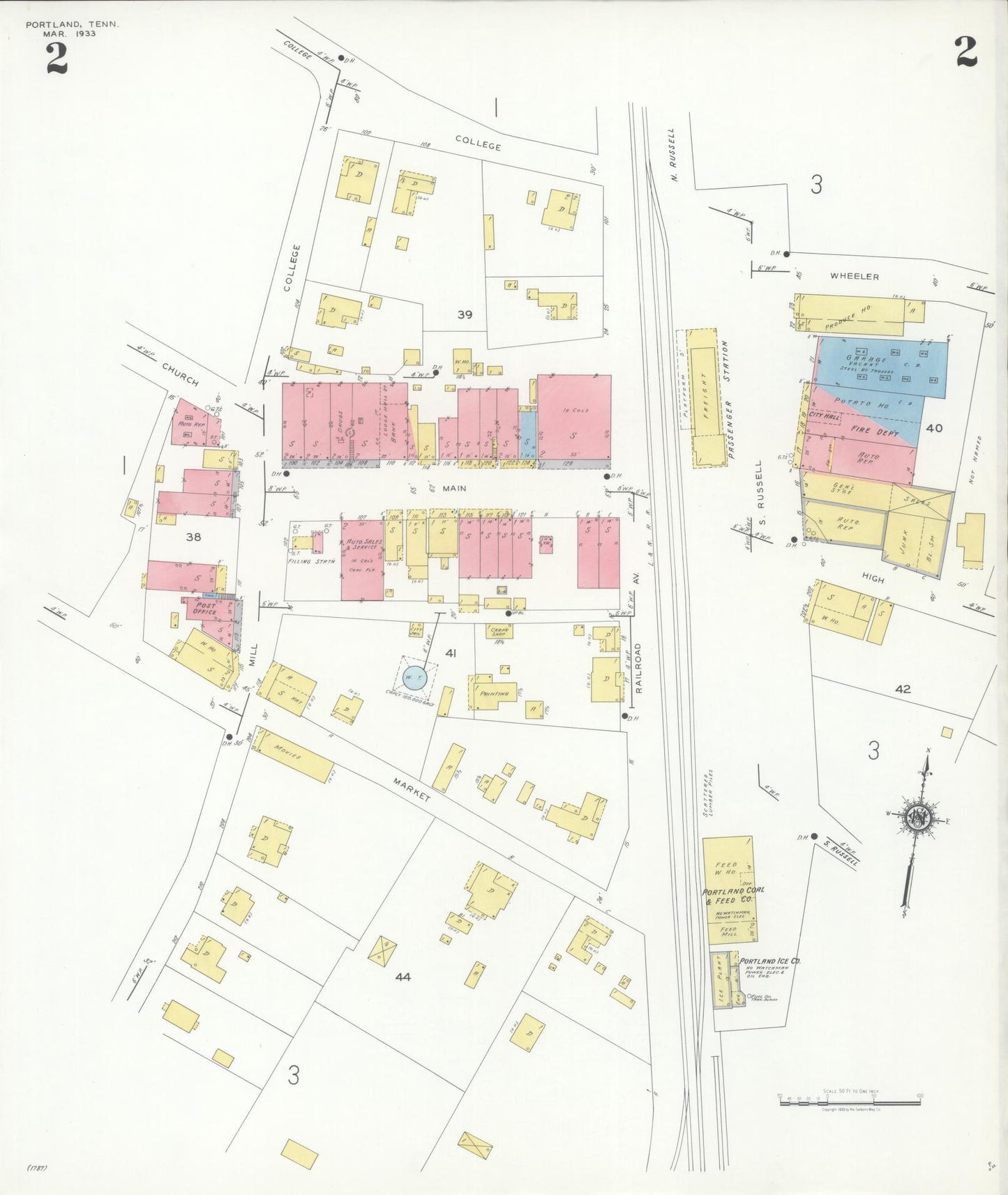 Sanborn Fire Insurance Map from Portland, Summer County, Tennessee (1933), Sheet #0002 - Historic Sanborn Fire Insurance Map Print, vintage old map wall art, antique decor, genealogy gift, Tennessee Tennessee map