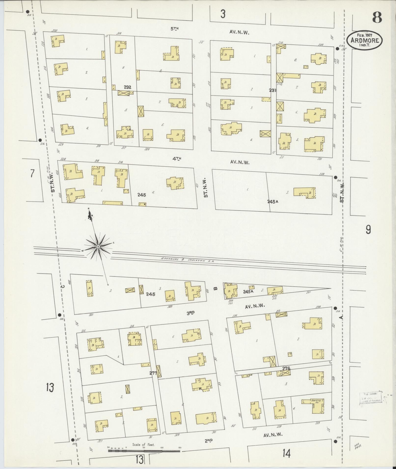 Sanborn Fire Insurance Map from Ardmore, Carter County, Oklahoma (1907), Sheet #0008 - Complete Map Set gallery image, historic Sanborn map, vintage wall art, Oklahoma Oklahoma