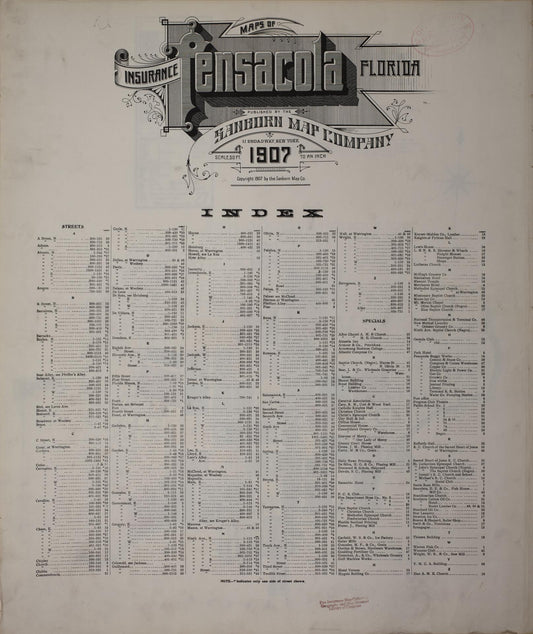 Sanborn Fire Insurance Map from Pensacola, Escambia County, Florida (1907), Sheet #0001 - Historic Sanborn Fire Insurance Map Print, vintage old map wall art, antique decor, genealogy gift, Florida Florida map