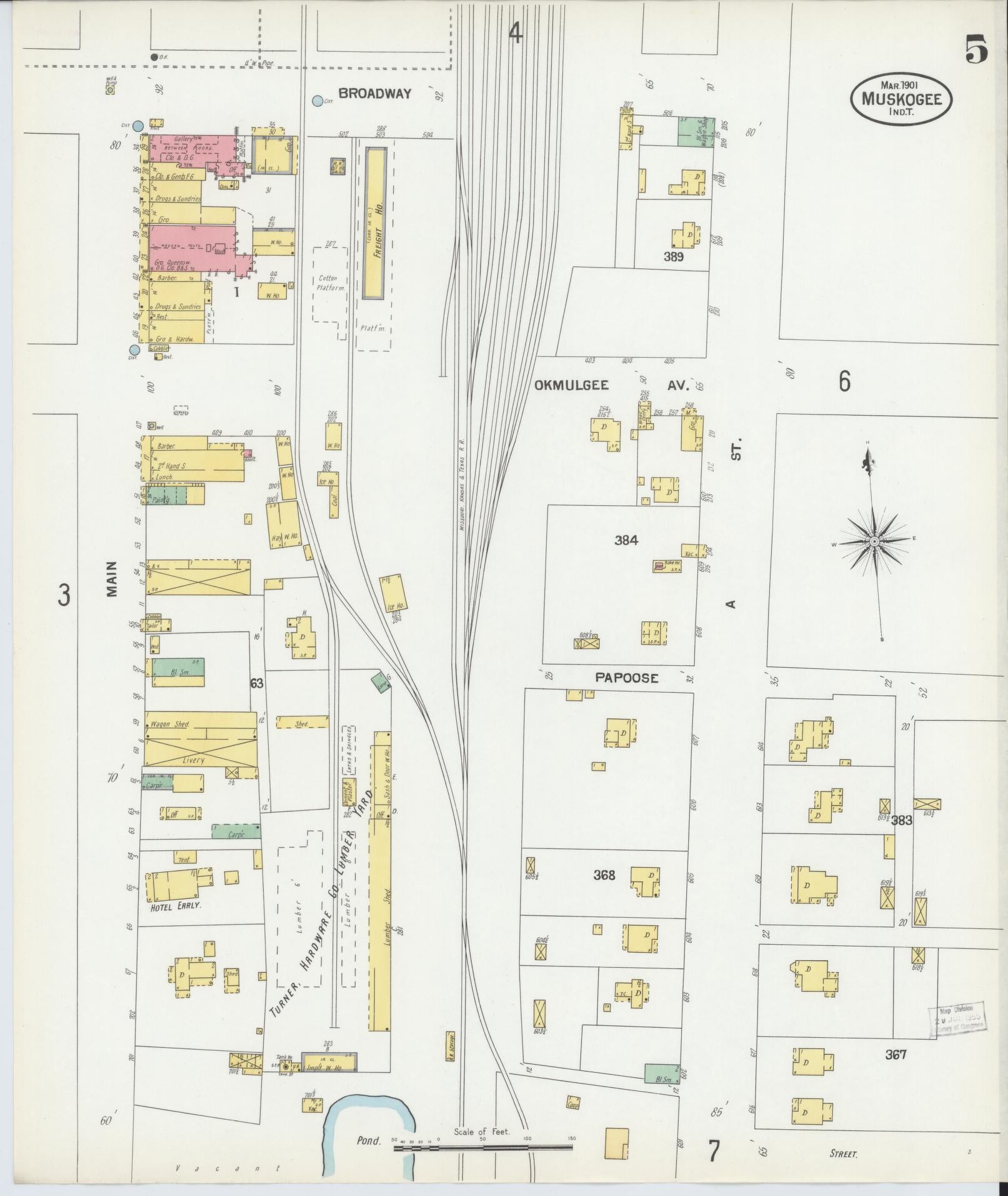 Sanborn Fire Insurance Map from Muskogee, Muskogee County, Oklahoma (1901), Sheet #0005 - Complete Map Set gallery image, historic Sanborn map, vintage wall art, Oklahoma Oklahoma