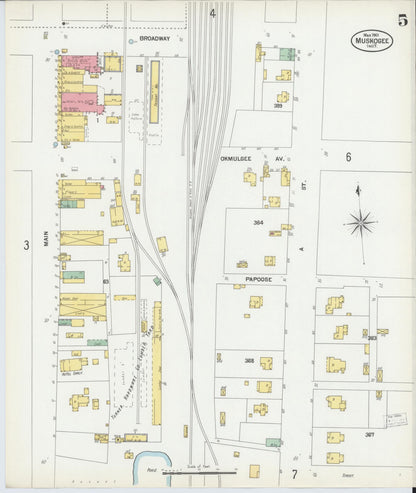 Sanborn Fire Insurance Map from Muskogee, Muskogee County, Oklahoma (1901), Sheet #0005 - Complete Map Set gallery image, historic Sanborn map, vintage wall art, Oklahoma Oklahoma