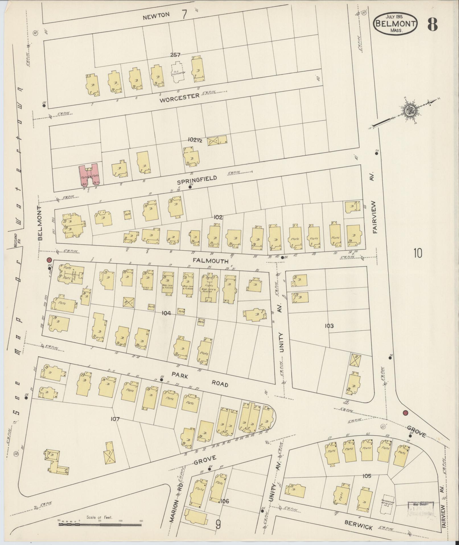Sanborn Fire Insurance Map from Belmont, Middlesex County, Massachusetts (1915), Sheet #0008 - Historic Sanborn Fire Insurance Map Print, vintage old map wall art, antique decor, genealogy gift, Massachusetts Massachusetts map