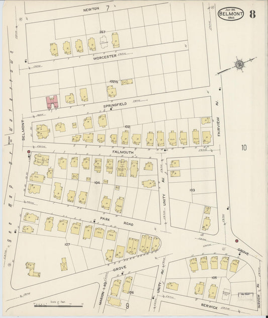 Sanborn Fire Insurance Map from Belmont, Middlesex County, Massachusetts (1915), Sheet #0008 - Historic Sanborn Fire Insurance Map Print, vintage old map wall art, antique decor, genealogy gift, Massachusetts Massachusetts map