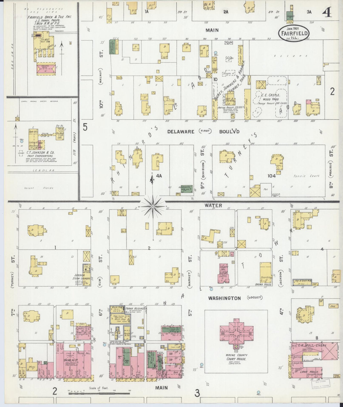 Sanborn Fire Insurance Map from Fairfield, Wayne County, Illinois (1901), Sheet #0004 - Historic Sanborn Fire Insurance Map Print, vintage old map wall art, antique decor, genealogy gift, Illinois Illinois map
