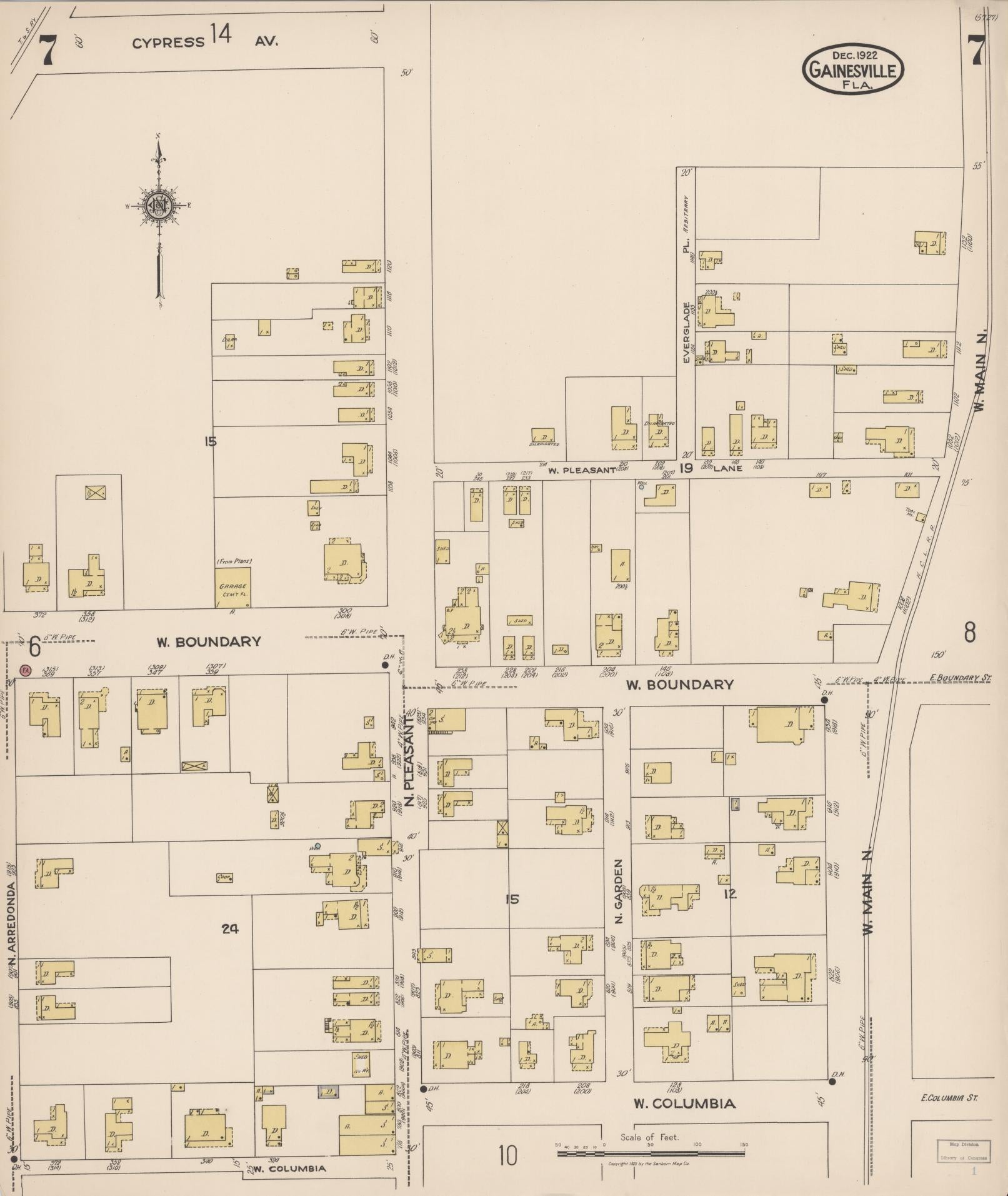 Sanborn Fire Insurance Map from Gainesville, Alachua County, Florida (1922), Sheet #0007 - Complete Map Set gallery image, historic Sanborn map, vintage wall art, Florida Florida
