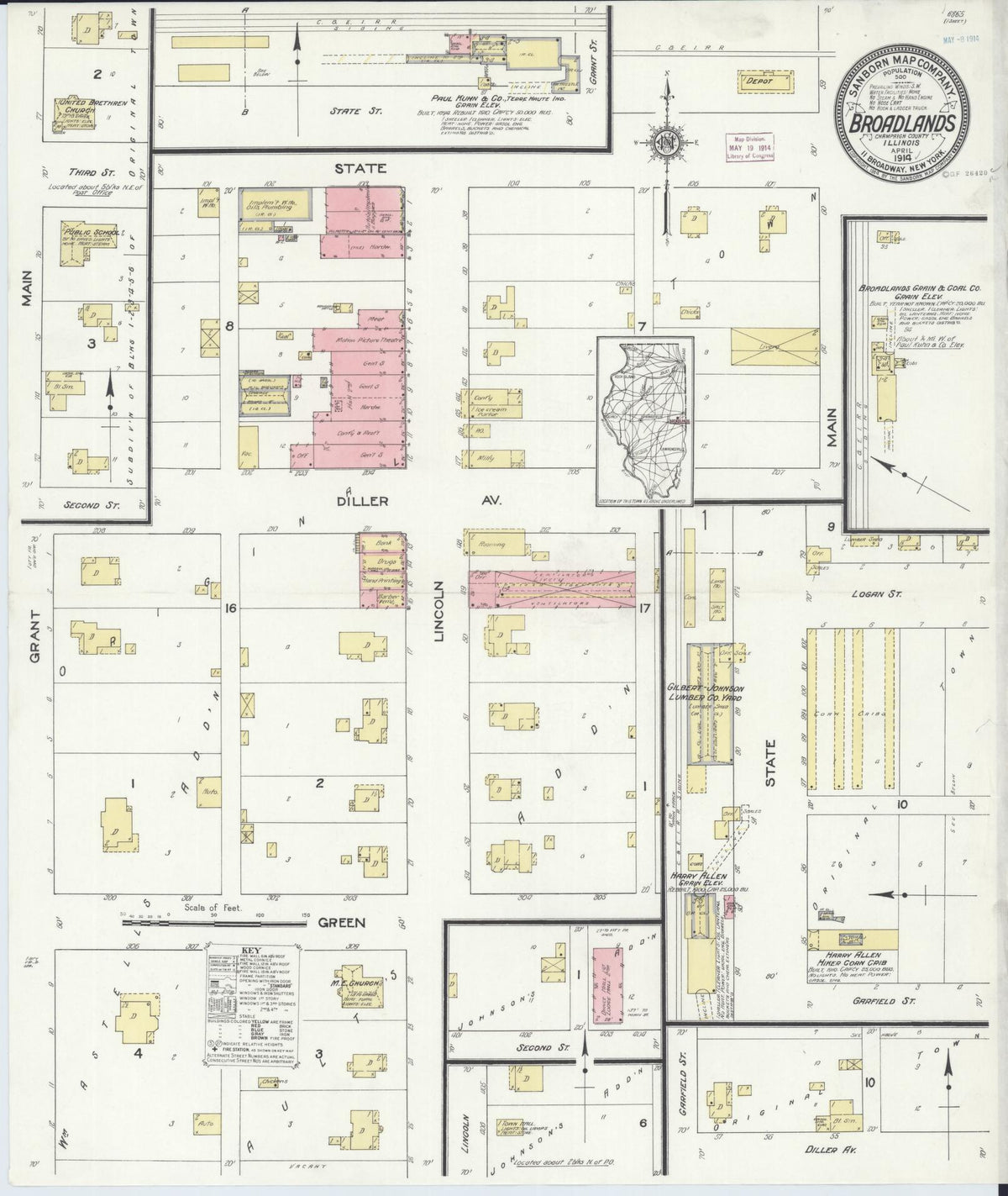 Sanborn Fire Insurance Map from Broadlands, Champaign County, Illinois (1914), Sheet #0001 - Historic Sanborn Fire Insurance Map Print, vintage old map wall art, antique decor, genealogy gift, Illinois Illinois map