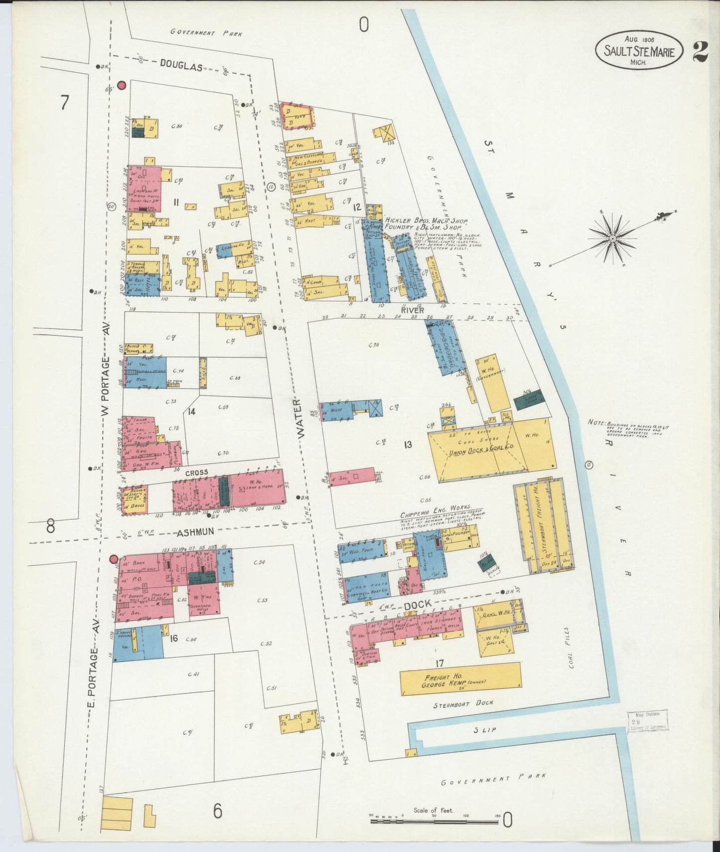 Sanborn Fire Insurance Map from Sault Sainte Marie, Chippewa County, Michigan (1906), Sheet #0002 - Complete Map Set gallery image, historic Sanborn map, vintage wall art, Michigan Michigan