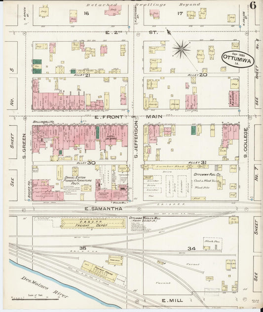 Sanborn Fire Insurance Map from Ottumwa, Wapello County, Iowa (1885), Sheet #0006 - Historic Sanborn Fire Insurance Map Print, vintage old map wall art