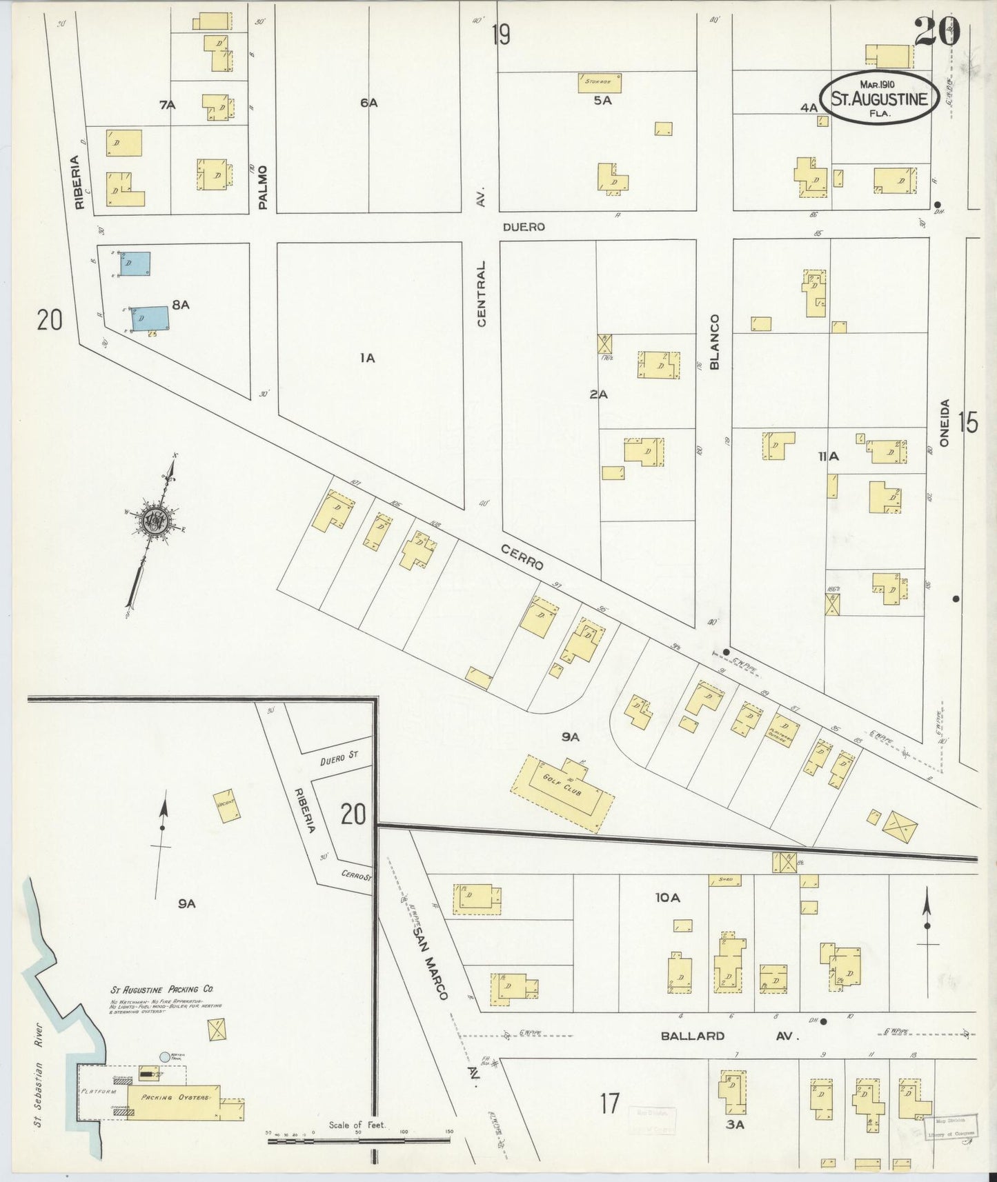 Sanborn Fire Insurance Map from Saint Augustine, Saint John's County, Florida (1910), Sheet #0020 - Historic Sanborn Fire Insurance Map Print, vintage old map wall art, antique decor, genealogy gift, Florida Florida map