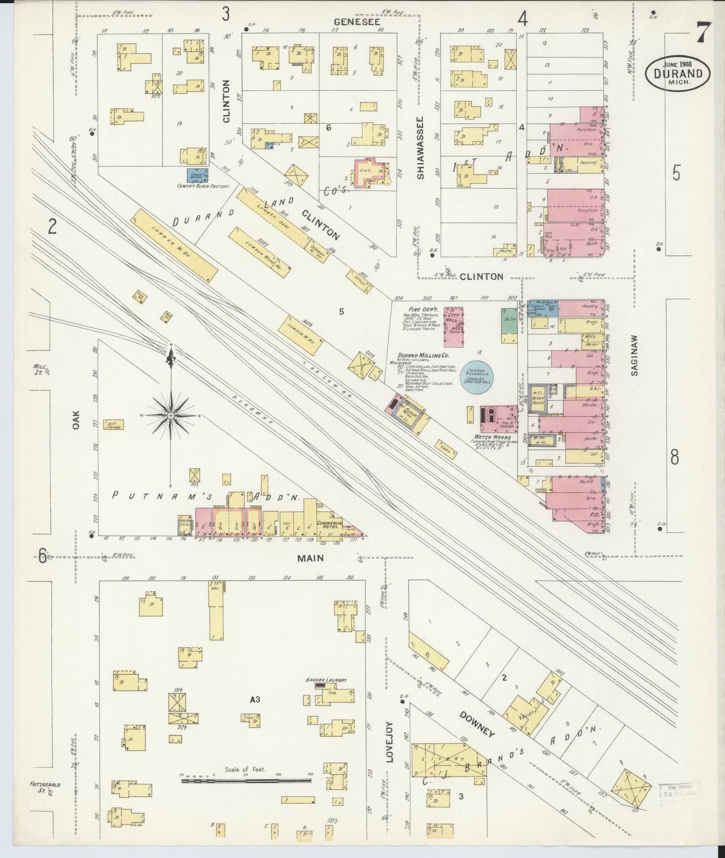 Sanborn Fire Insurance Map from Durand, Shiawassee County, Michigan (1908), Sheet #0007 - Complete Map Set gallery image, historic Sanborn map, vintage wall art, Michigan Michigan