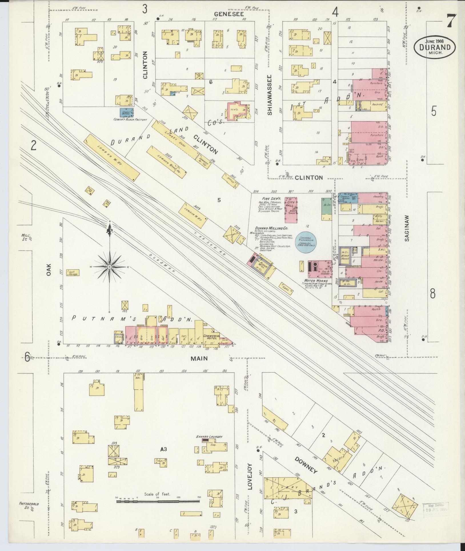Sanborn Fire Insurance Map from Durand, Shiawassee County, Michigan (1908), Sheet #0007 - Complete Map Set gallery image, historic Sanborn map, vintage wall art, Michigan Michigan
