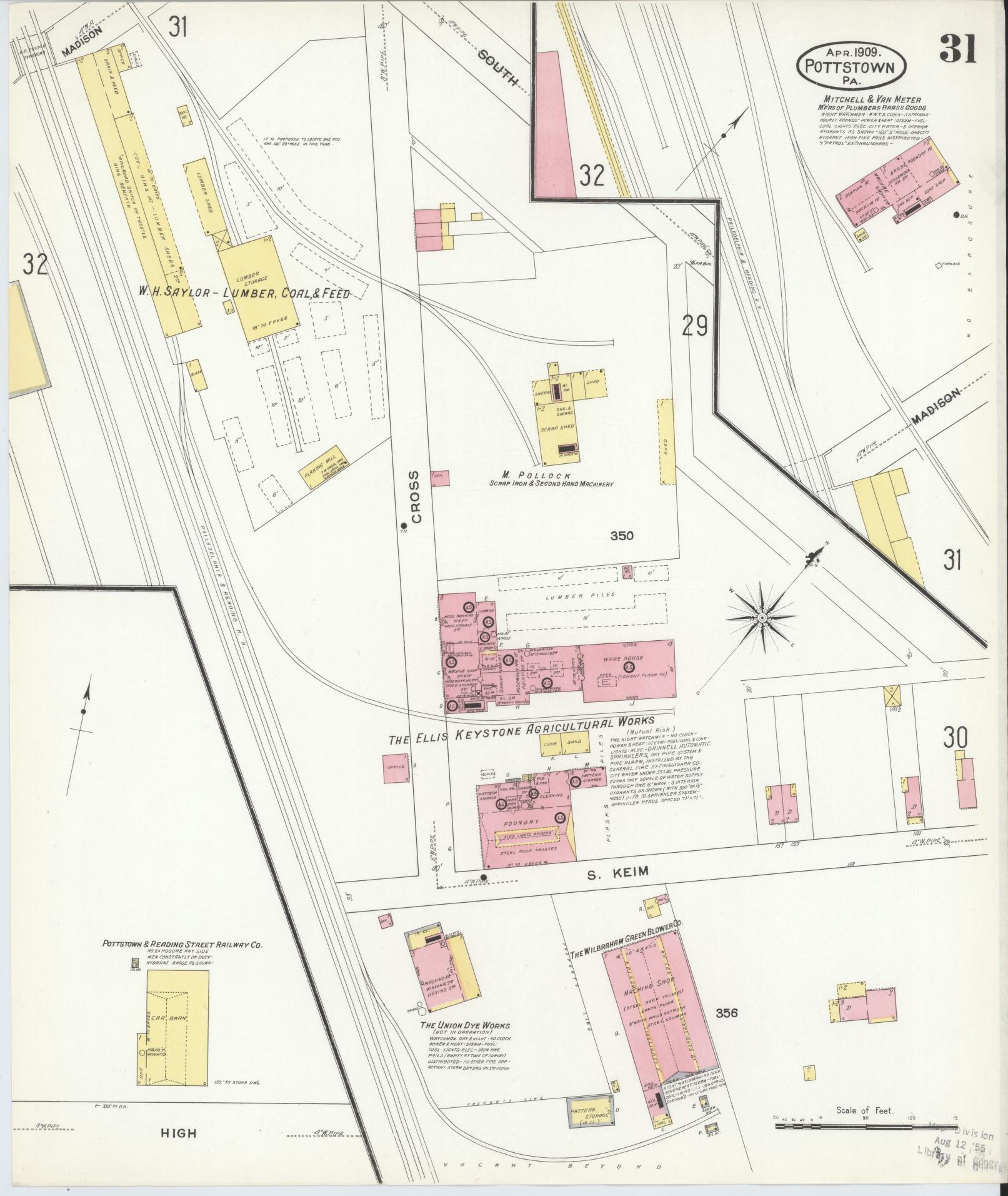 Sanborn Fire Insurance Map from Pottstown, Montgomery County, Pennsylvania (1909), Sheet #0031 - Historic Sanborn Fire Insurance Map Print, vintage old map wall art, antique decor, genealogy gift, Pennsylvania Pennsylvania map