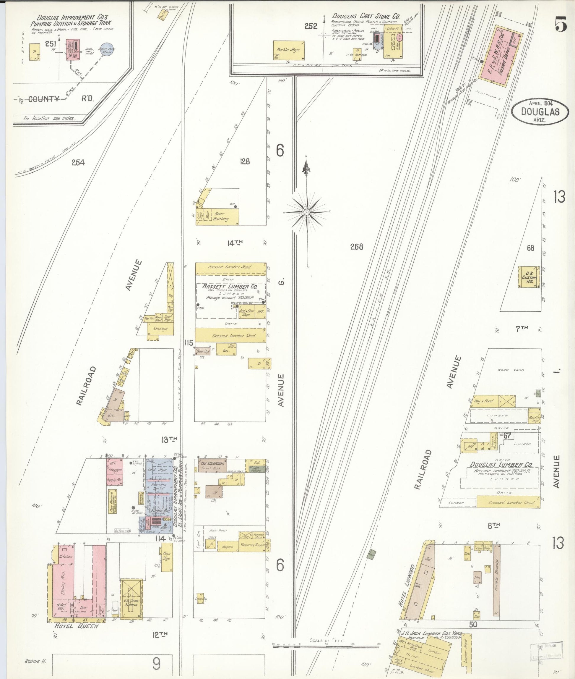 Sanborn Fire Insurance Map from Douglas, Cochise County, Arizona (1904), Sheet #0005 - Historic Sanborn Fire Insurance Map Print, vintage old map wall art, antique decor, genealogy gift, Arizona Arizona map