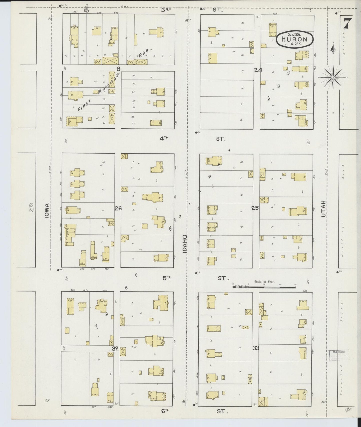 Sanborn Fire Insurance Map from Huron, Beadle County, South Dakota (1892), Sheet #0007 - Complete Map Set gallery image, historic Sanborn map, vintage wall art, South Dakota South Dakota