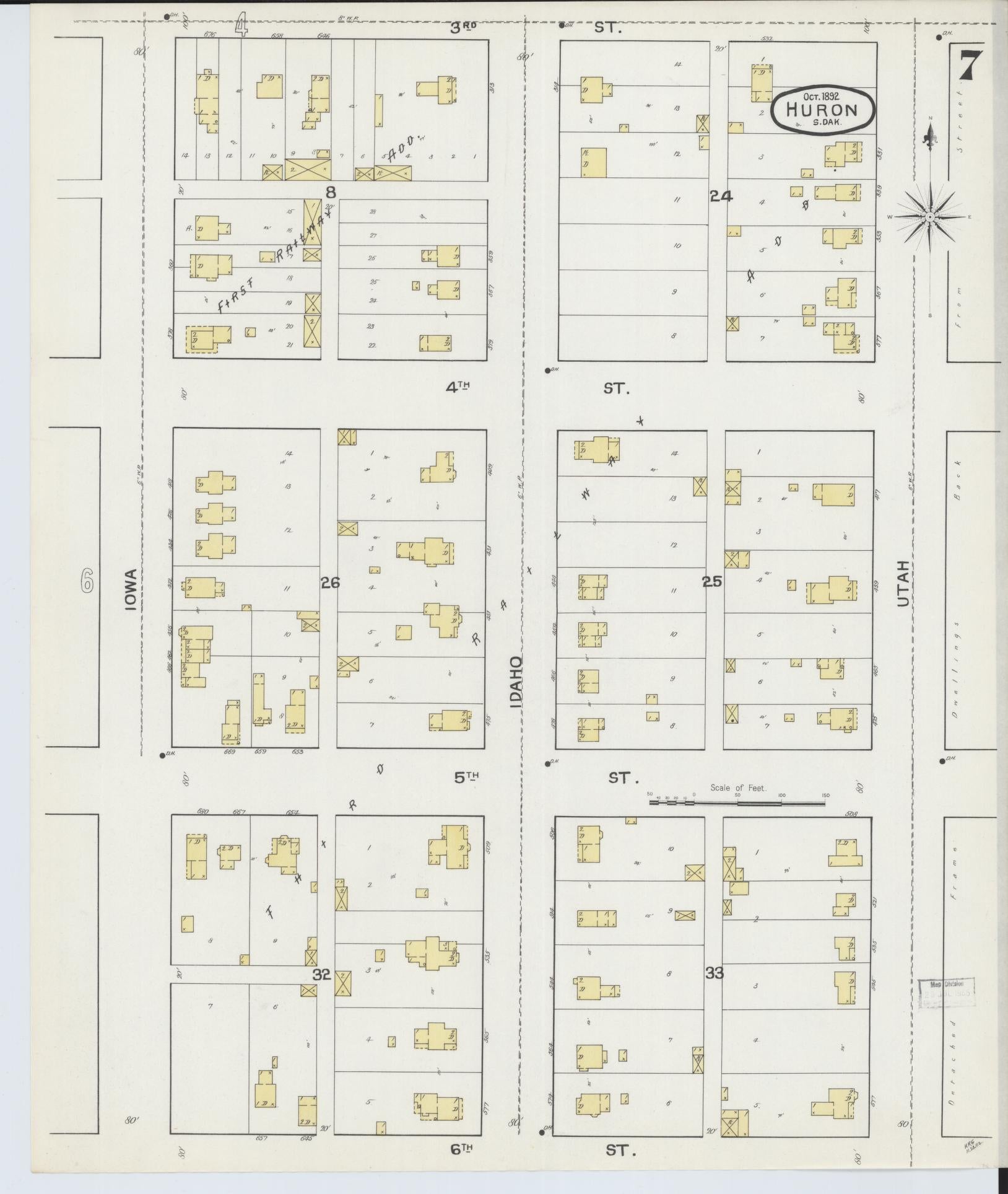 Sanborn Fire Insurance Map from Huron, Beadle County, South Dakota (1892), Sheet #0007 - Complete Map Set gallery image, historic Sanborn map, vintage wall art, South Dakota South Dakota