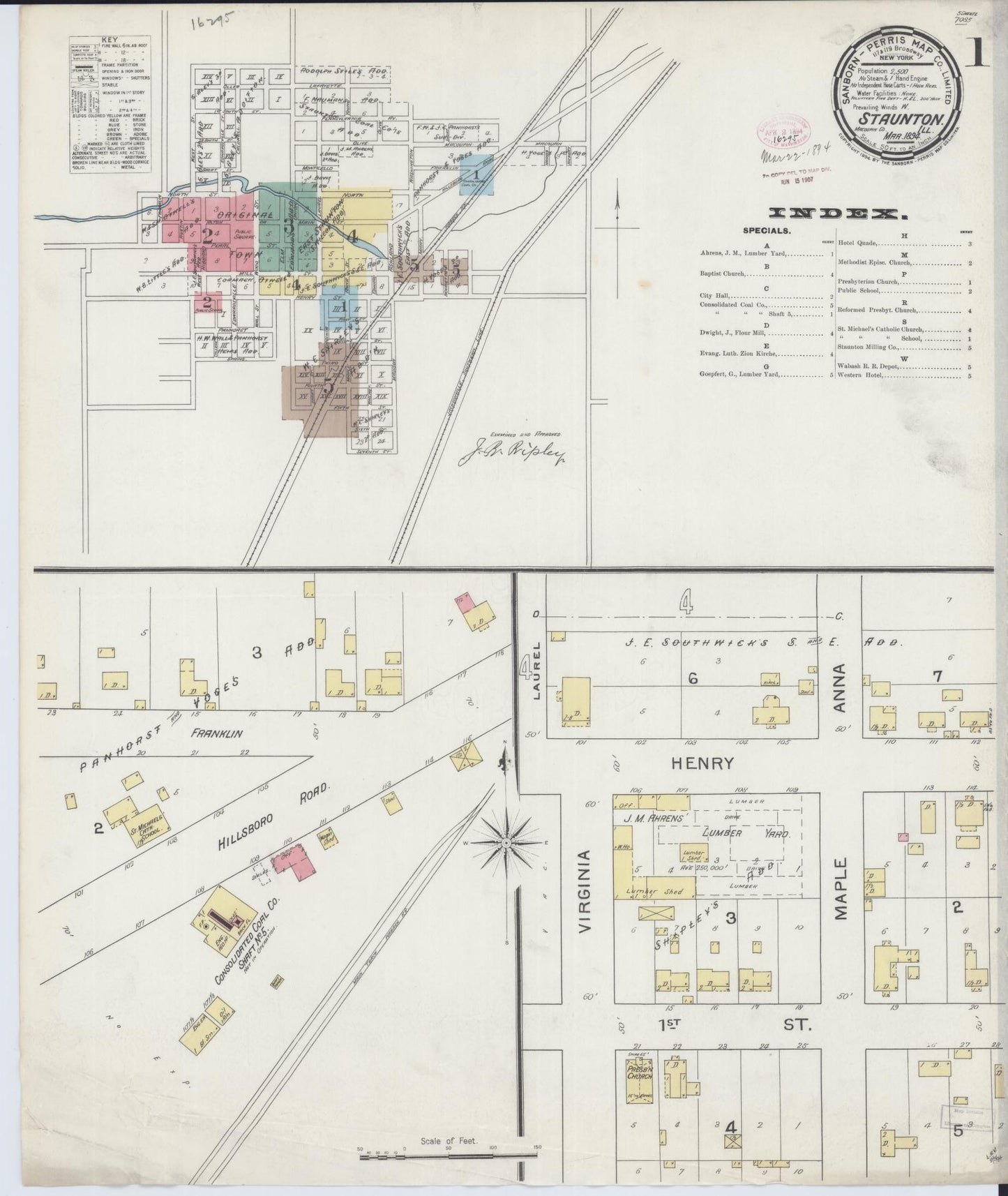 Sanborn Fire Insurance Map from Staunton, Macoupin County, Illinois (1894), Sheet #0001 - Historic Sanborn Fire Insurance Map Print, vintage old map wall art, antique decor, genealogy gift, Illinois Illinois map