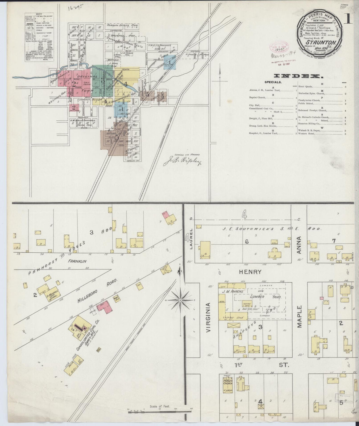 Sanborn Fire Insurance Map from Staunton, Macoupin County, Illinois (1894), Sheet #0001 - Historic Sanborn Fire Insurance Map Print, vintage old map wall art, antique decor, genealogy gift, Illinois Illinois map