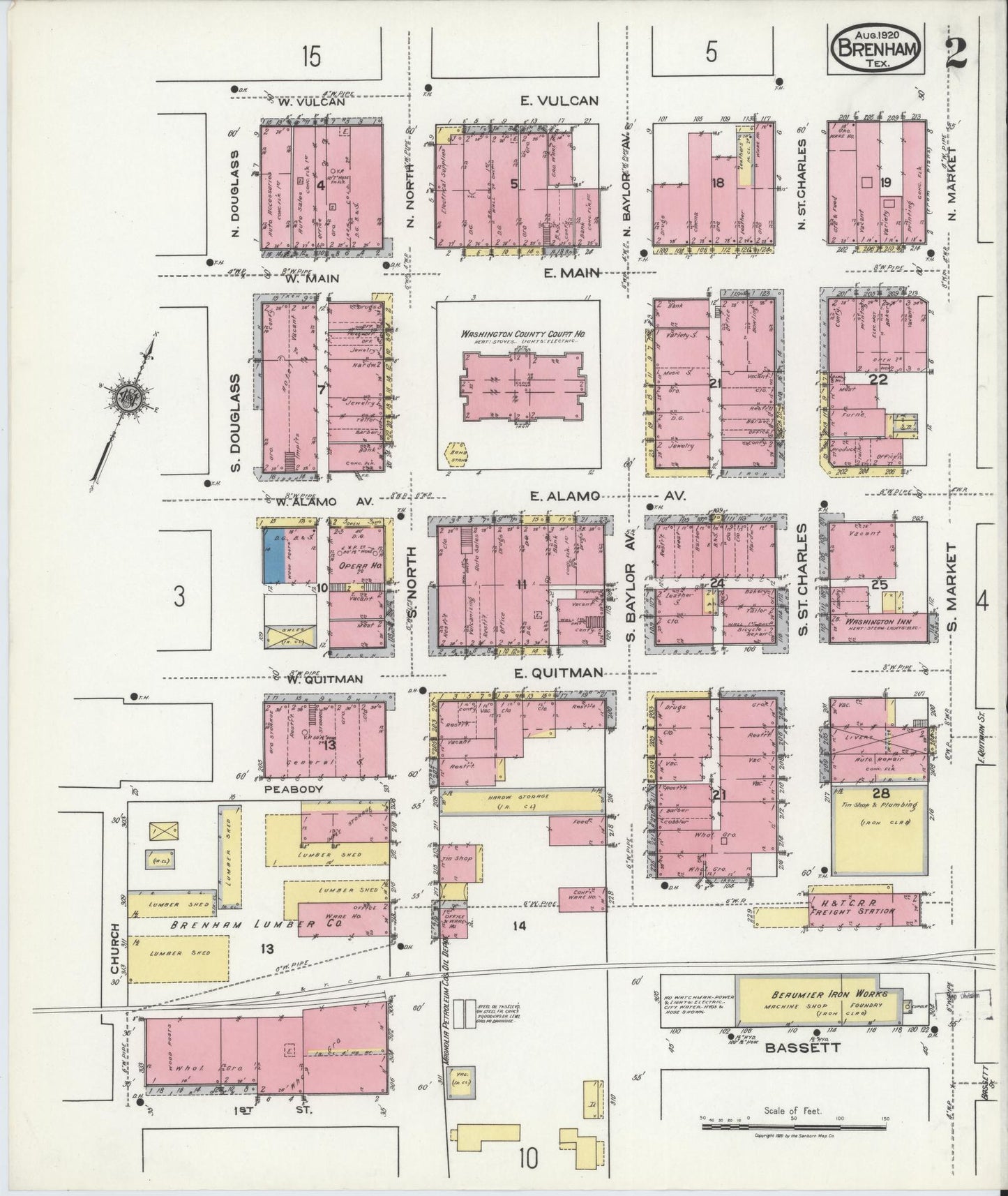 Sanborn Fire Insurance Map from Brenham, Washington County, Texas (1920), Sheet #0002 - Historic Sanborn Fire Insurance Map Print, vintage old map wall art, antique decor, genealogy gift, Texas Texas map