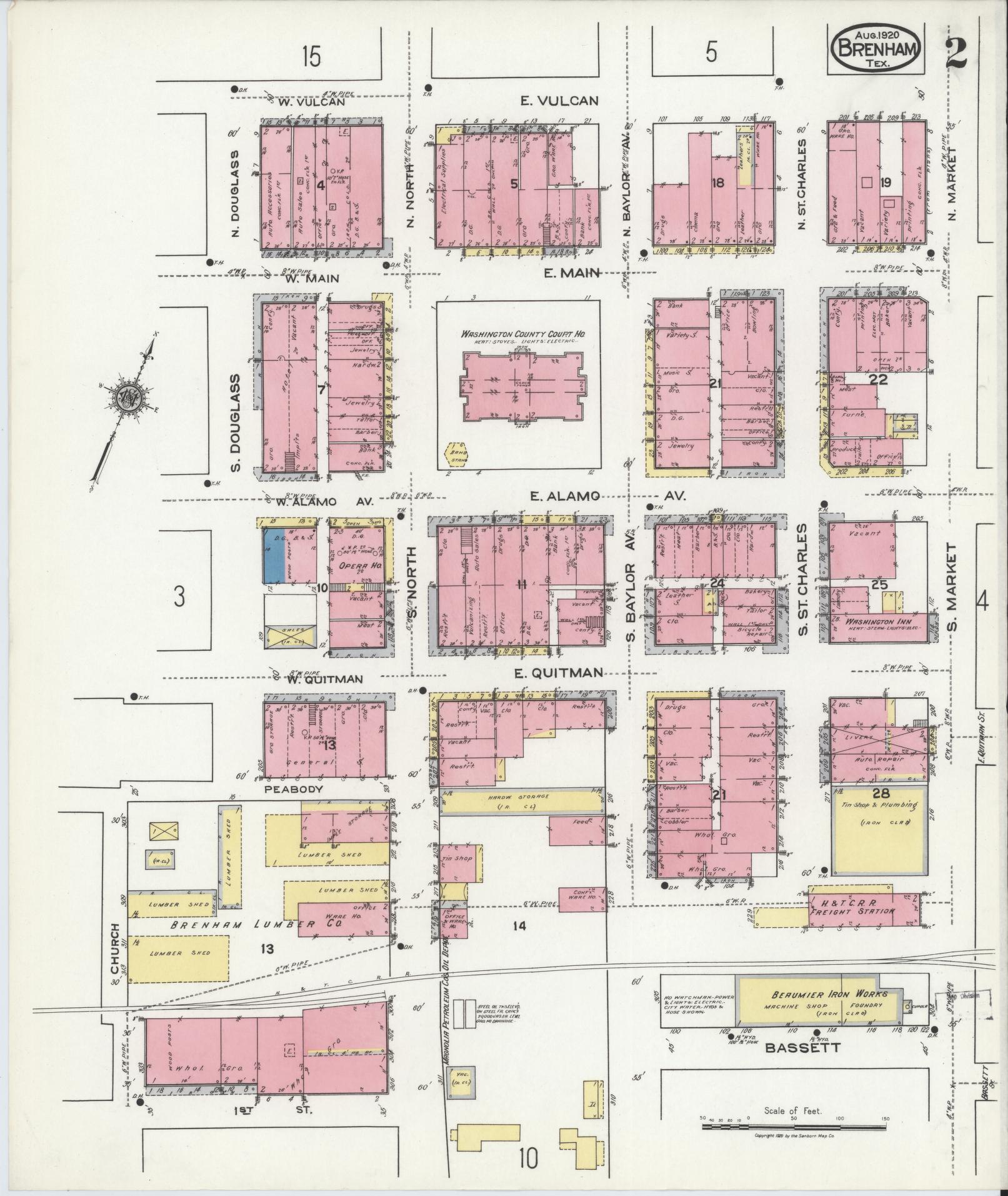 Sanborn Fire Insurance Map from Brenham, Washington County, Texas (1920), Sheet #0002 - Historic Sanborn Fire Insurance Map Print, vintage old map wall art, antique decor, genealogy gift, Texas Texas map
