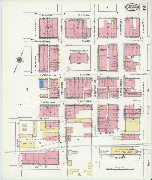 Sanborn Fire Insurance Map from Brenham, Washington County, Texas (1920), Sheet #0002 - Historic Sanborn Fire Insurance Map Print, vintage old map wall art, antique decor, genealogy gift, Texas Texas map