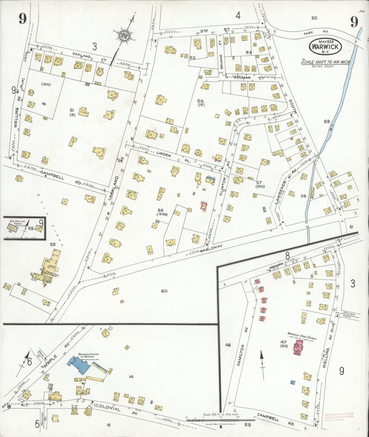 Sanborn Fire Insurance Map from Warwick, Orange County, New York (1923), Sheet #0009 - Historic Sanborn Fire Insurance Map Print, vintage old map wall art, antique decor, genealogy gift, New York New York map