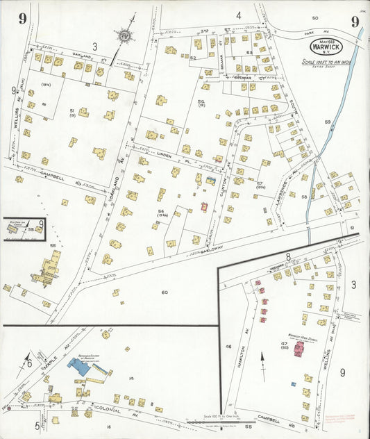 Sanborn Fire Insurance Map from Warwick, Orange County, New York (1923), Sheet #0009 - Historic Sanborn Fire Insurance Map Print, vintage old map wall art, antique decor, genealogy gift, New York New York map