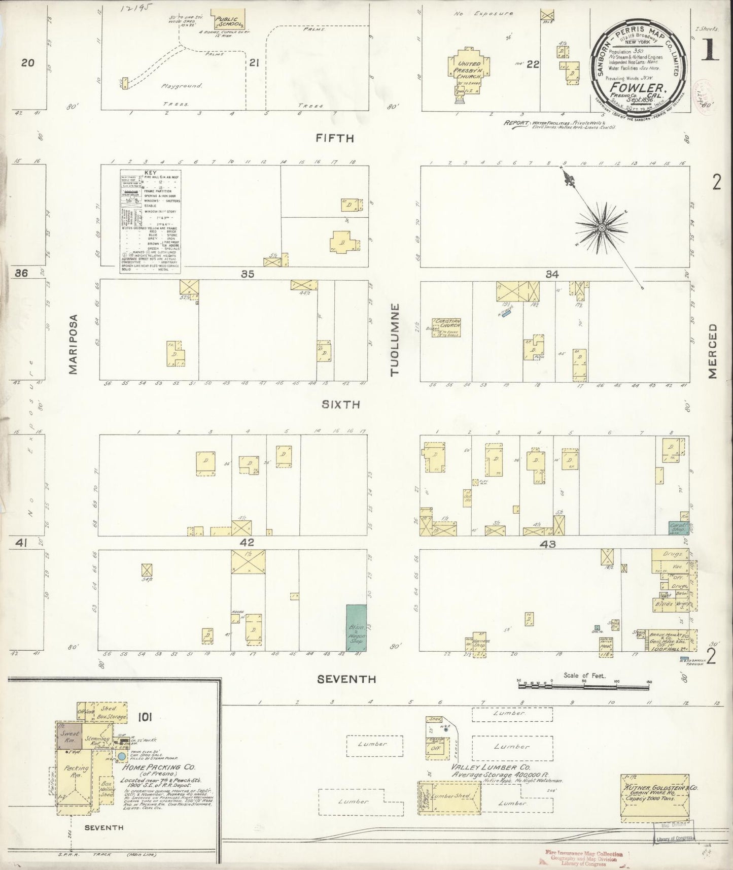 Sanborn Fire Insurance Map from Fowler, Fresno County, California (1896), Sheet #0001 - Historic Sanborn Fire Insurance Map Print, vintage old map wall art, antique decor, genealogy gift, California California map
