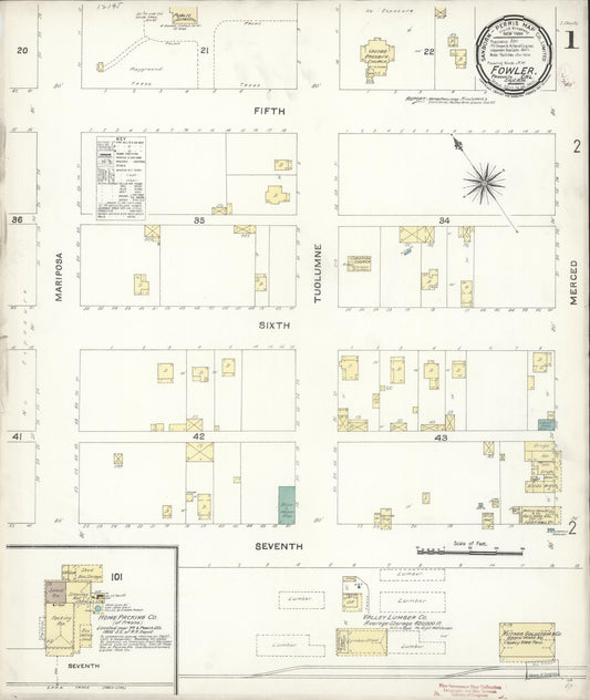 Sanborn Fire Insurance Map from Fowler, Fresno County, California (1896), Sheet #0001 - Historic Sanborn Fire Insurance Map Print, vintage old map wall art, antique decor, genealogy gift, California California map