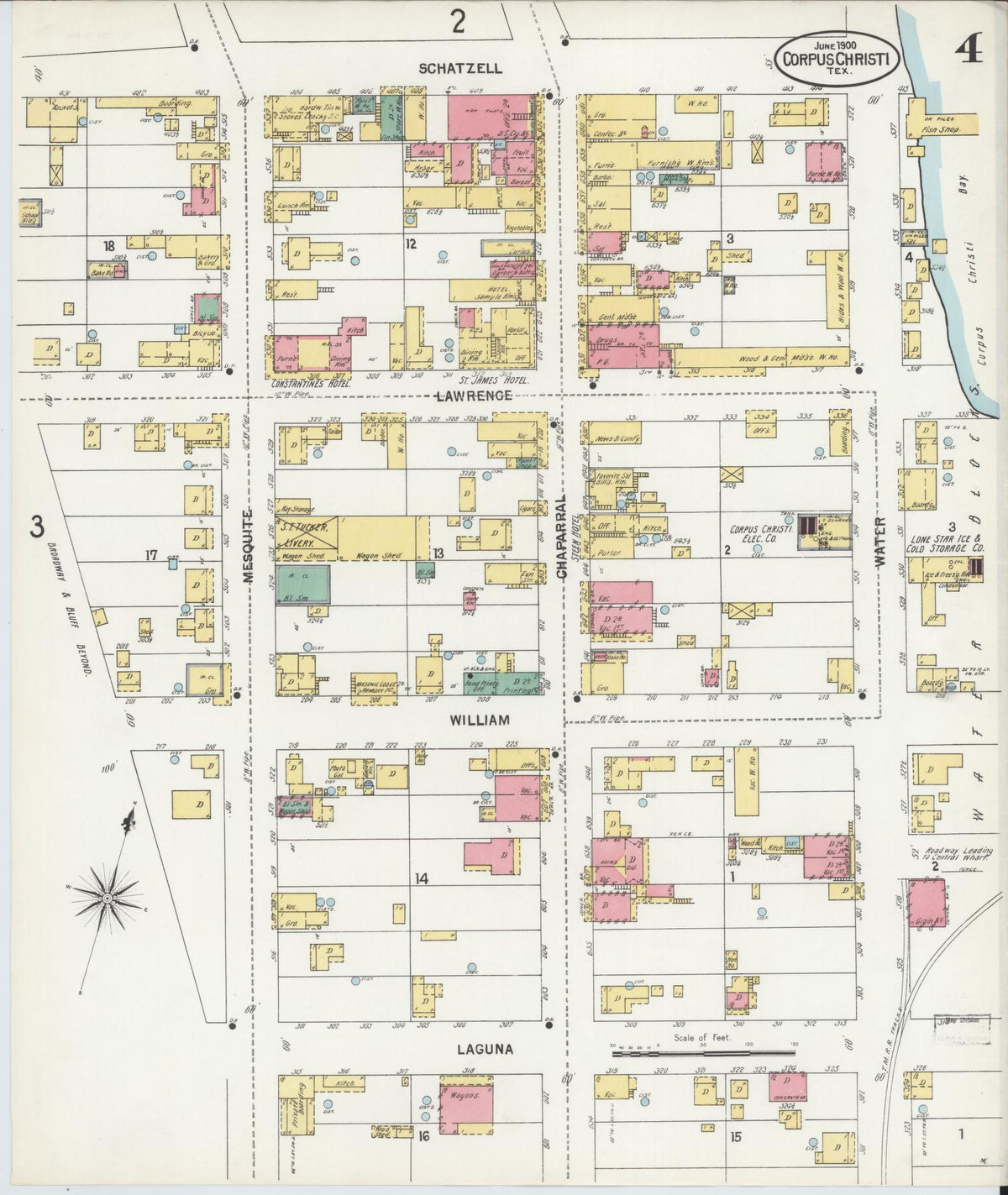 Sanborn Fire Insurance Map from Corpus Christi, Nueces County, Texas (1900), Sheet #0004 - Historic Sanborn Fire Insurance Map Print, vintage old map wall art, antique decor, genealogy gift, Texas Texas map