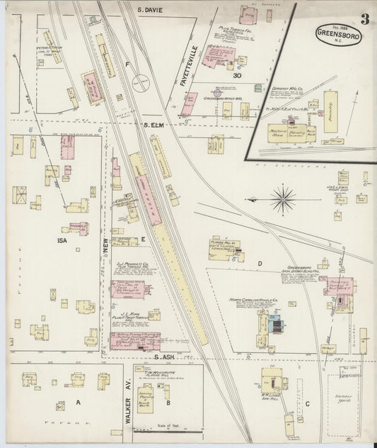 Sanborn Fire Insurance Map from Greensboro, Guilford County, North Carolina (1888), Sheet #0003 - Historic Sanborn Fire Insurance Map Print, vintage old map wall art, antique decor, genealogy gift, North Carolina North Carolina map