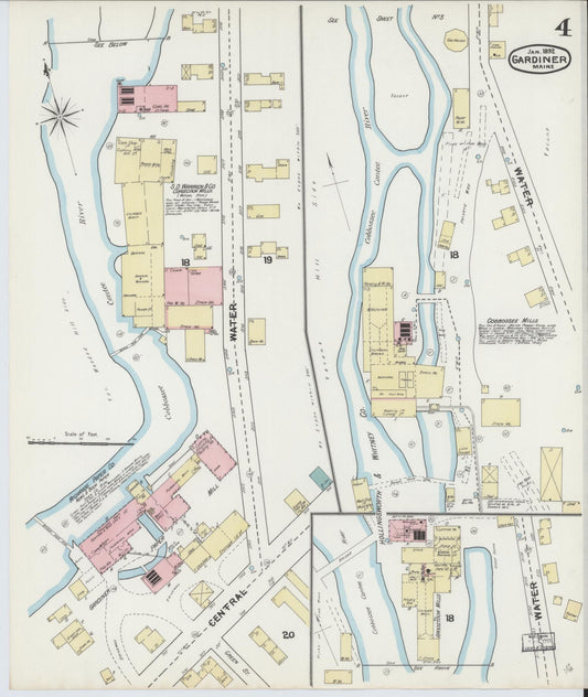 Sanborn Fire Insurance Map from Gardiner, Kennebec County, Maine (1892), Sheet #0004 - Historic Sanborn Fire Insurance Map Print, vintage old map wall art, antique decor, genealogy gift, Maine Maine map